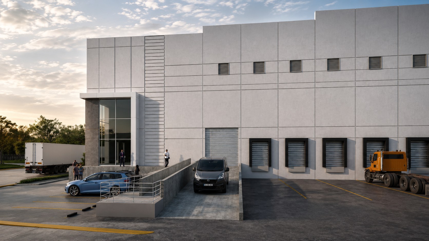 Render de acceso y andenes al atardecer