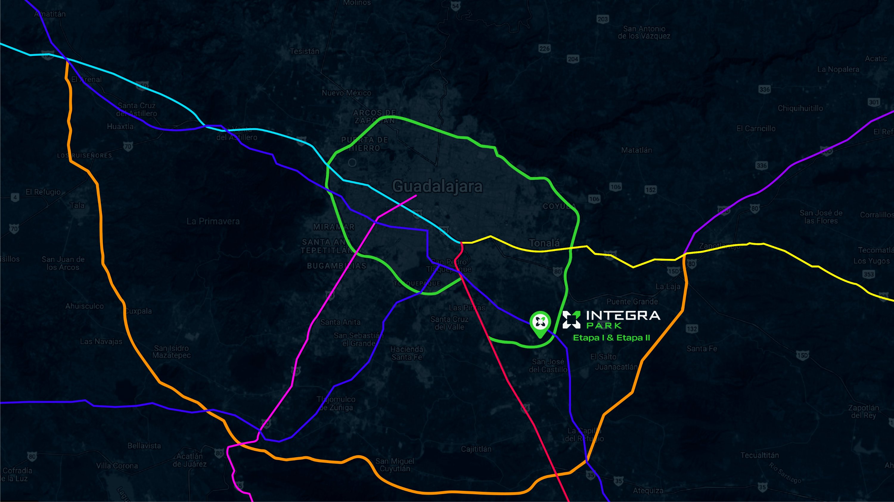 Zona de Integra Park en el área metropolitana de Guadalajara con las carreteras y vialidades que la conectan